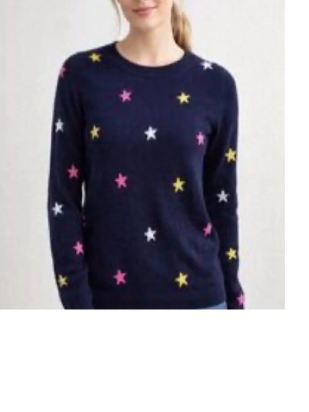 J.Crew 100% Cashmere Multicolor Star Crewneck Sweater Navy Blue Size M